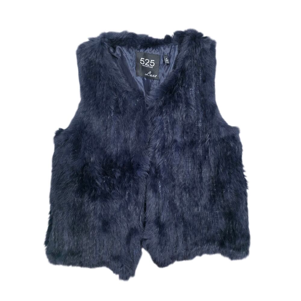 525 America Luxe Rabbit Sleeveless Fur Open Front Vest Navy Blue Size S
